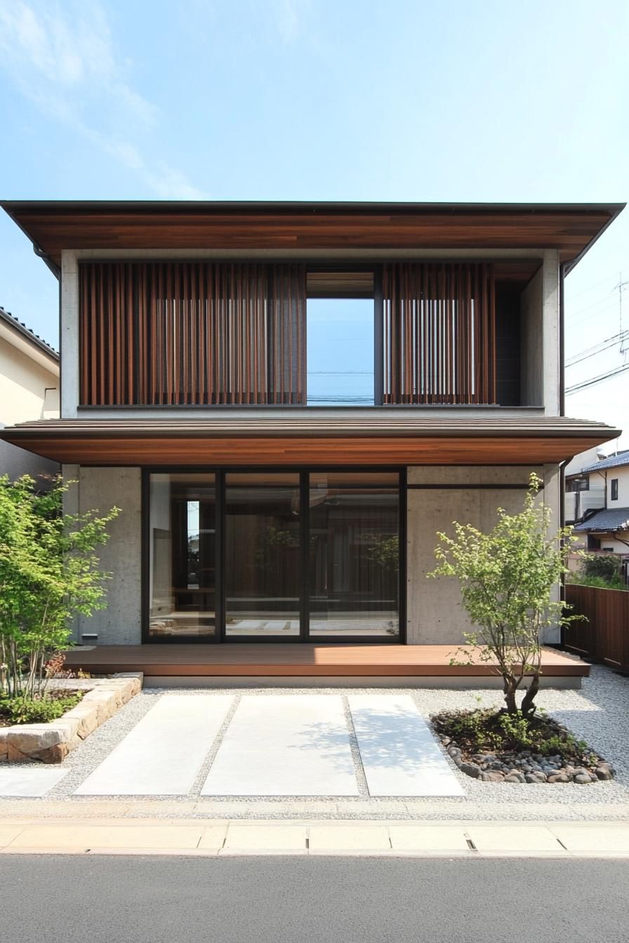 Modern Japanese minimalist house surrounded by greenery