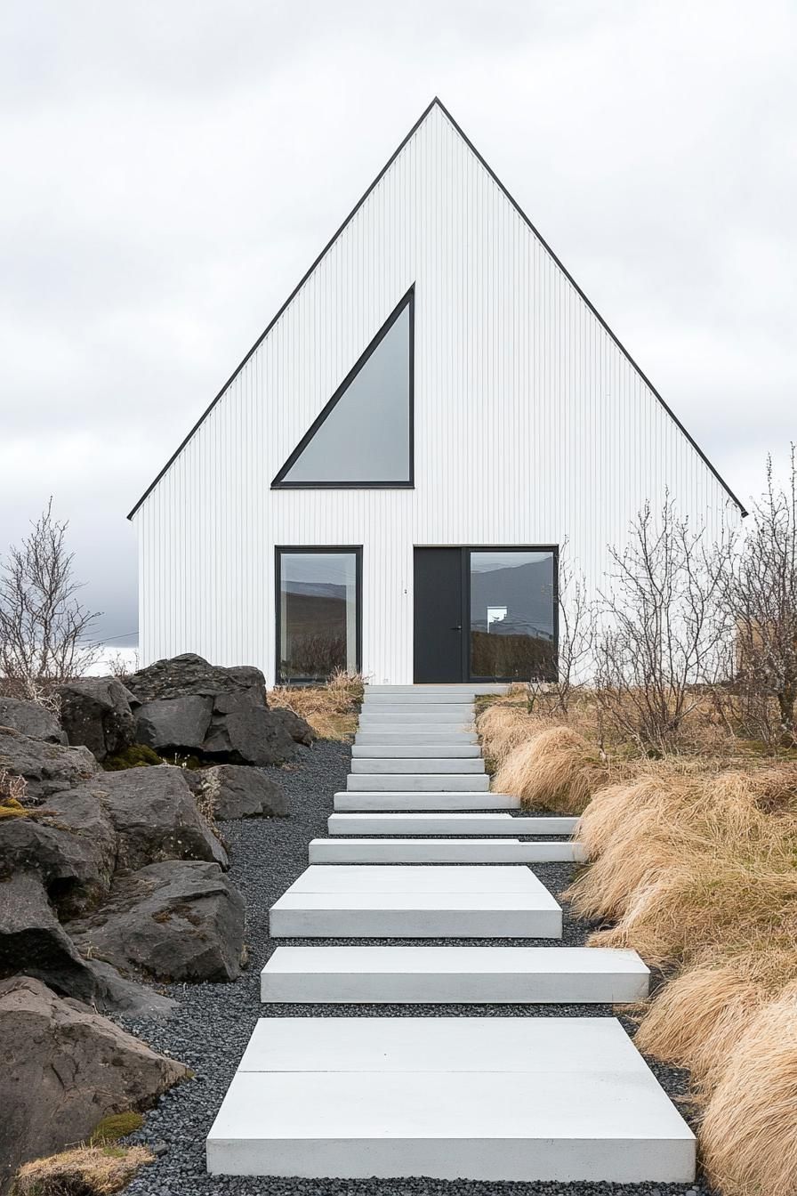 A modern house with a steep triangular roof and geometric windows