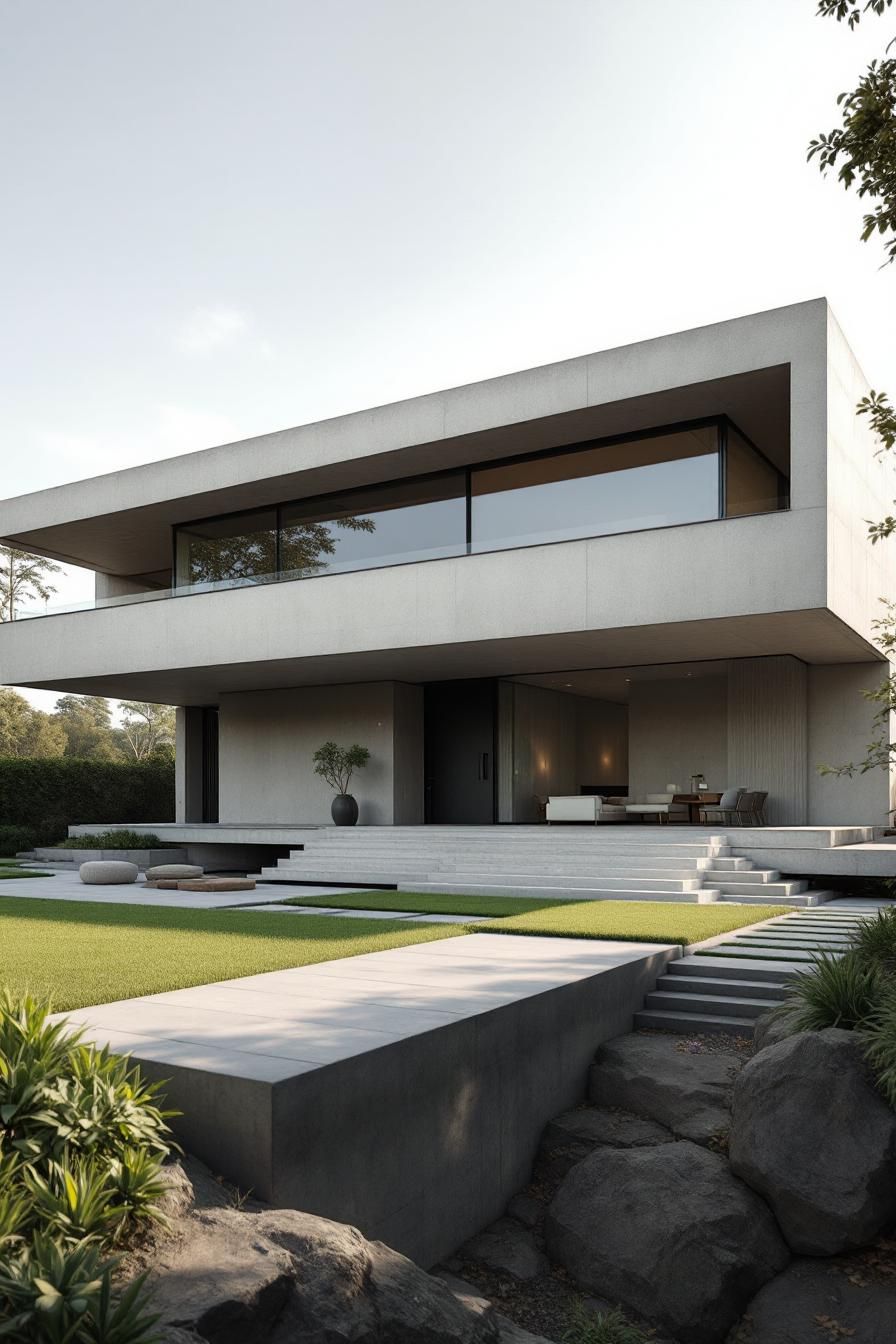 Modernist concrete house with lush lawn