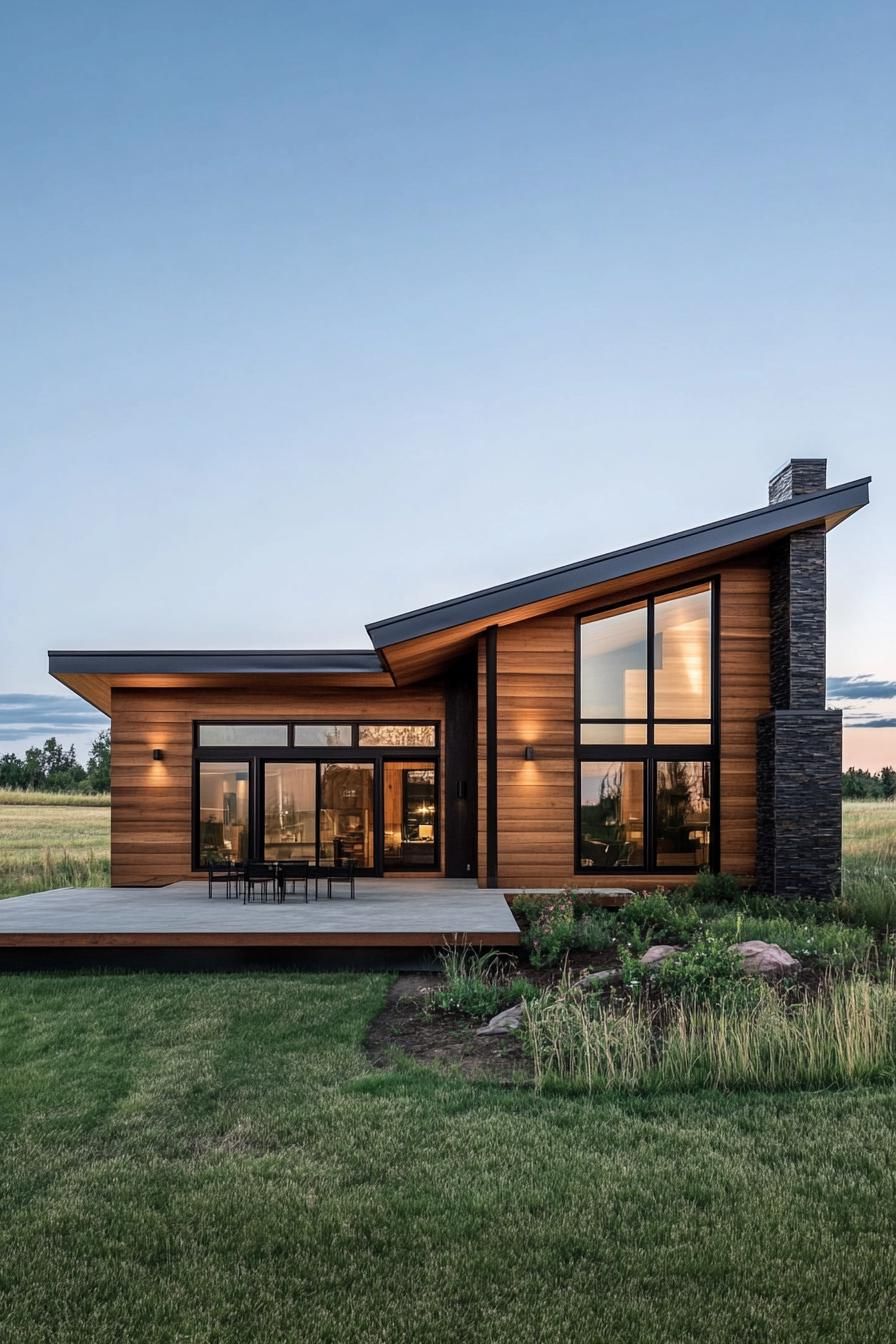 Modern house with sloping roof and large windows