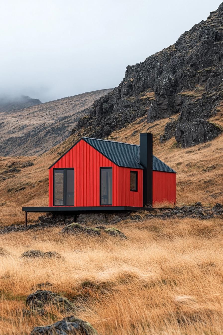 Red cabin nestled against rocky hillside under a gray sky