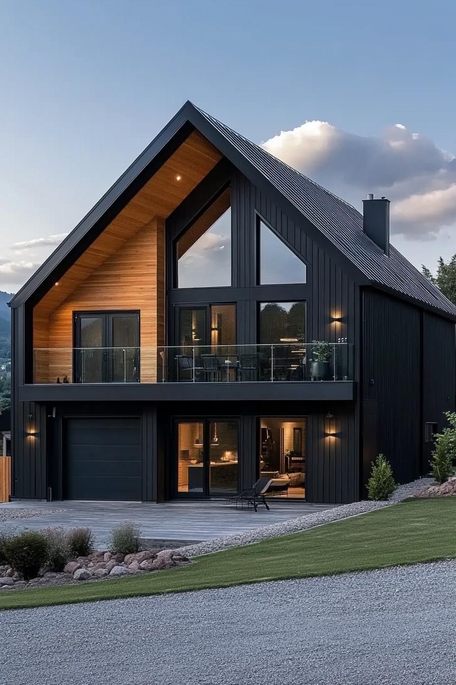 Modern barn house with angular roof and glass balcony