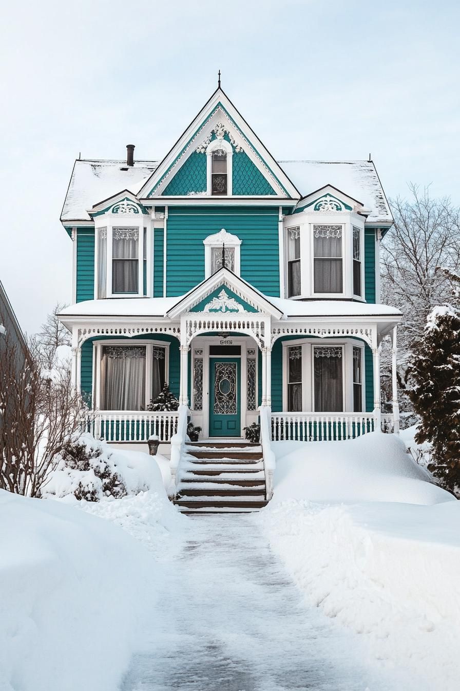 front view of a Victorian house in winter teal siding white trim with moldings and embellishments large windows bay windows white trim porch