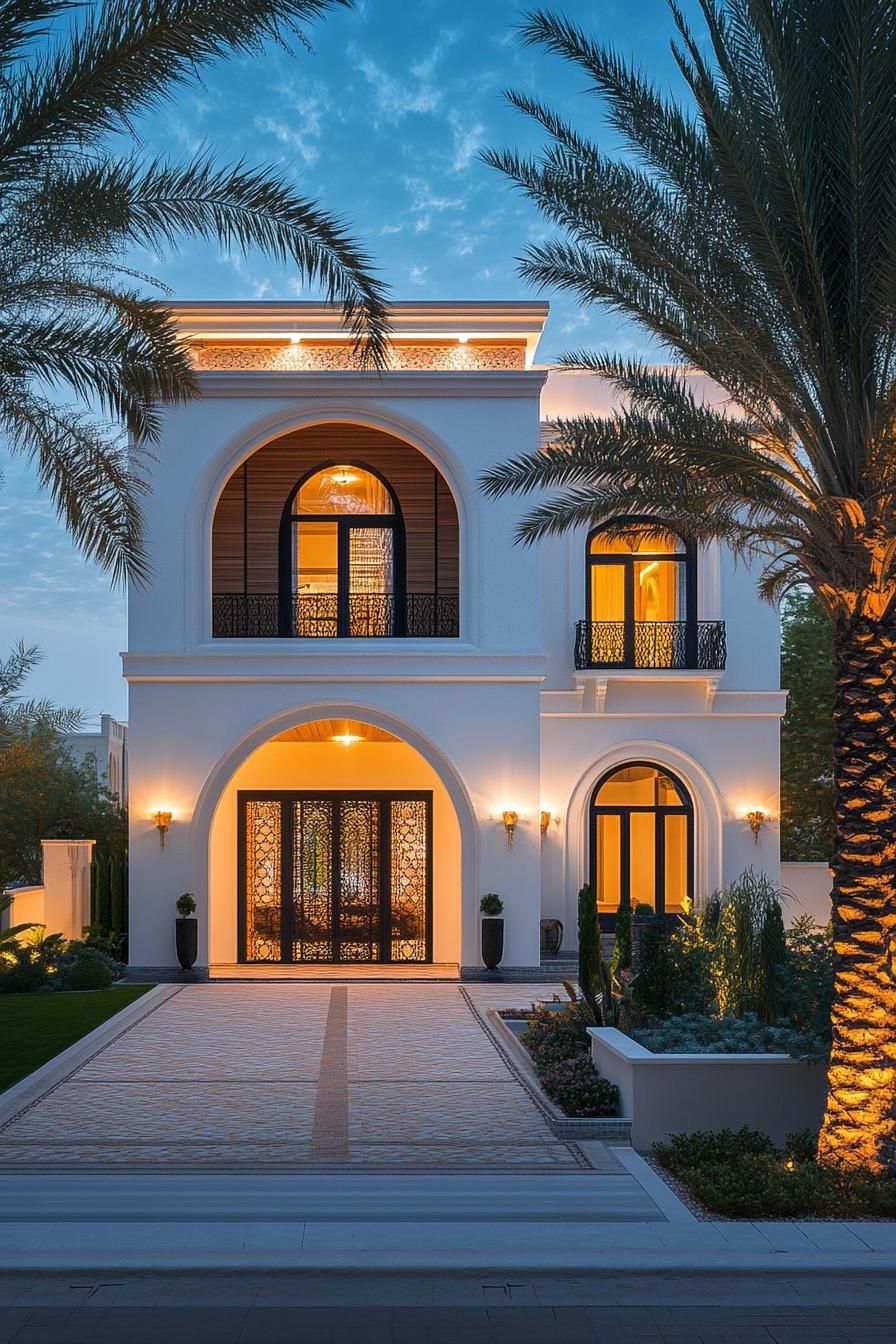 Majestic two-story house with elegant arches and palm trees