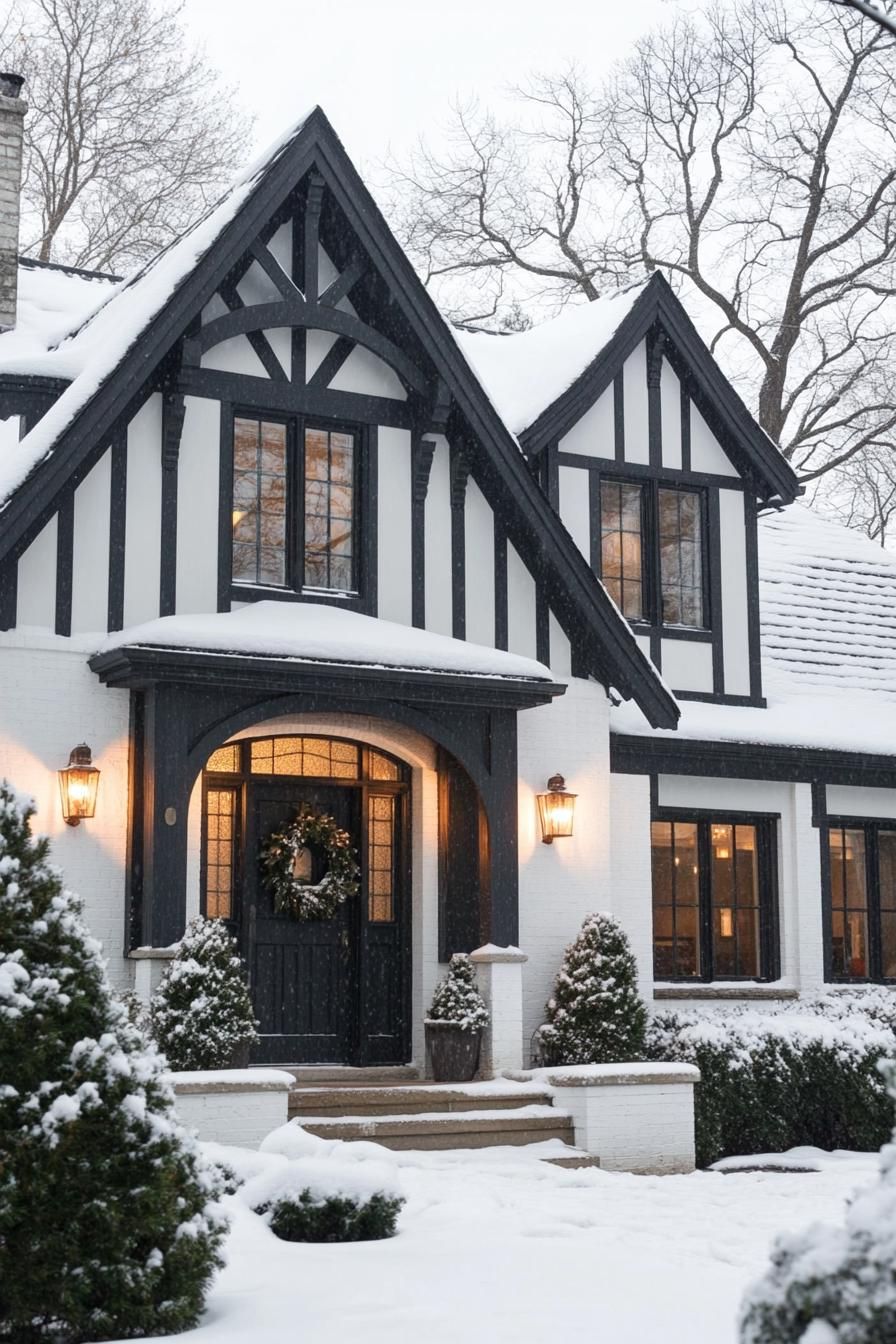 modern cottage with white siding and dark grey tudor style detailing arched porch and entry door with a wreath large windows in white trim snow on 3