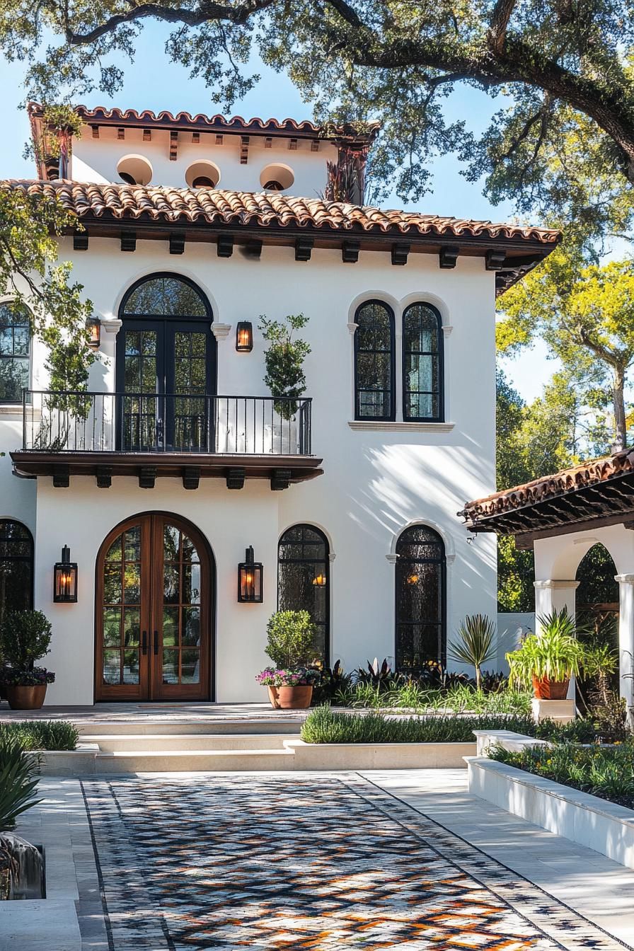 Charming Mediterranean villa with arched windows and blooming greenery