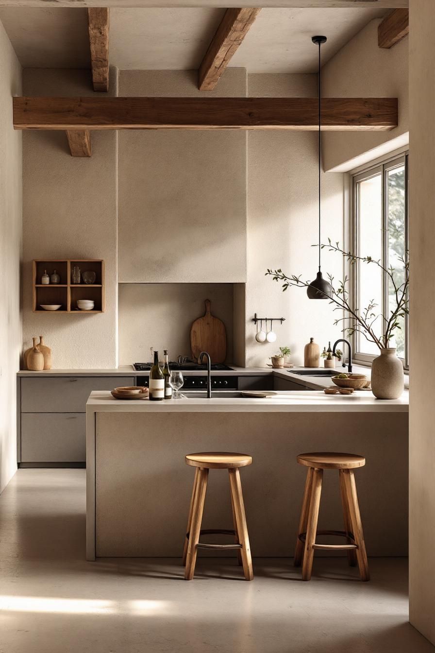 Minimalist kitchen with wooden beams and natural decor