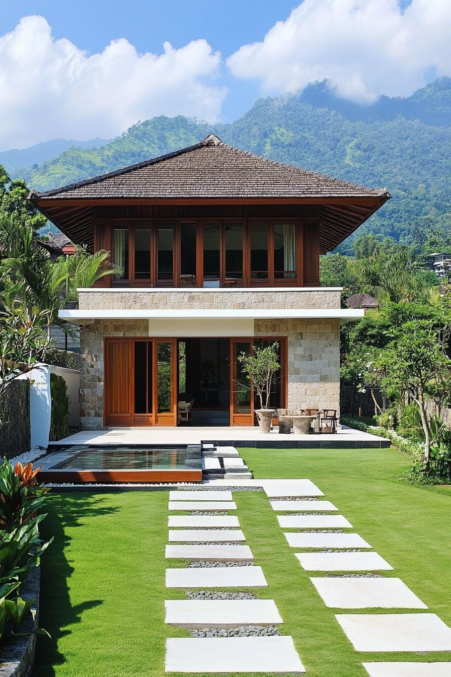 Modern Balinese house with lush garden and mountain backdrop