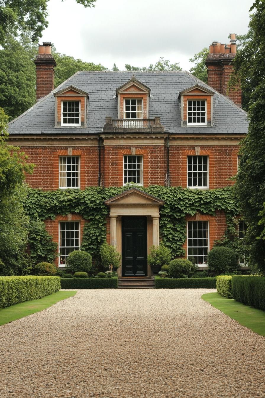 Grand Georgian house with ivy-covered walls and a stone driveway