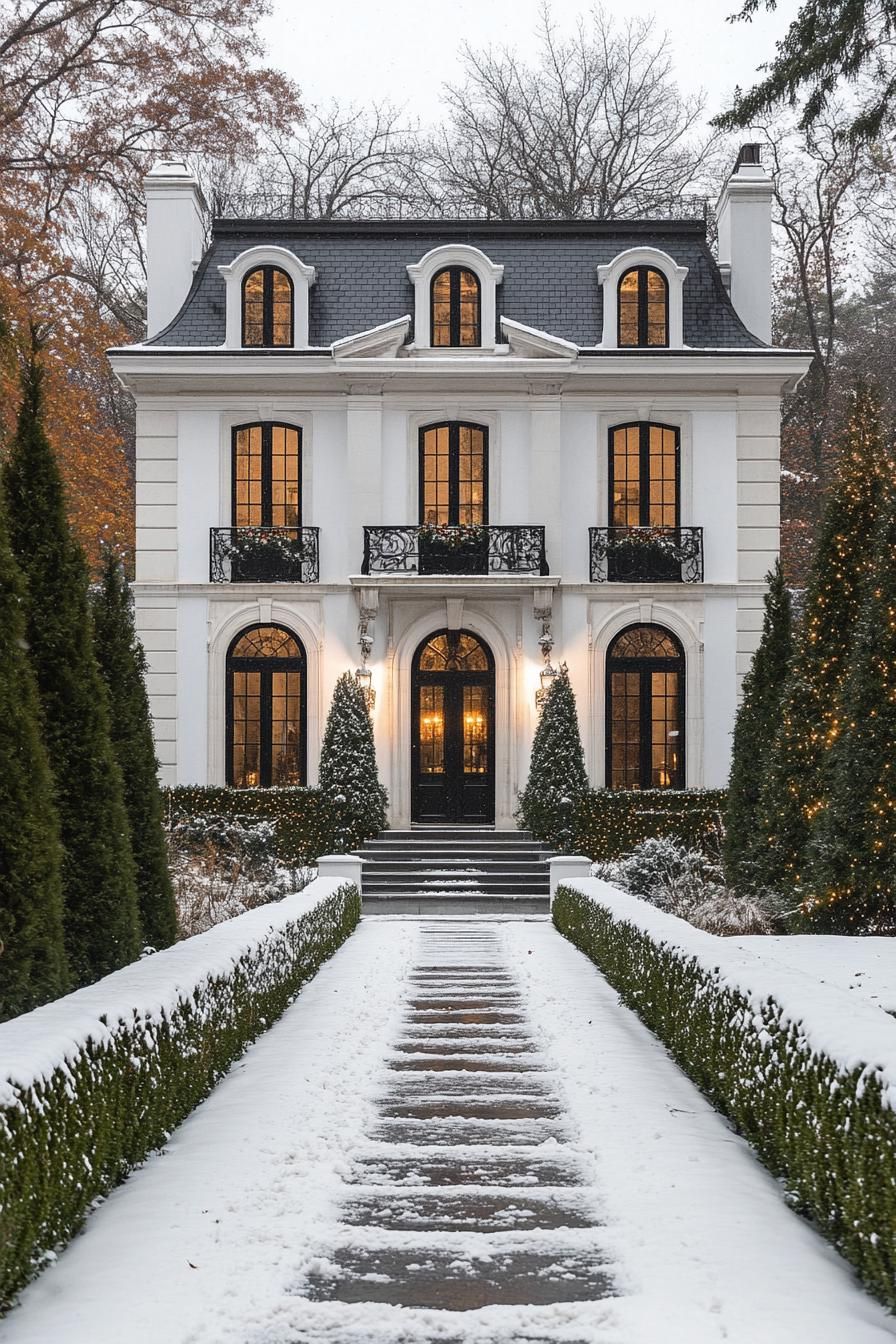 Elegant mansion blanketed in snow