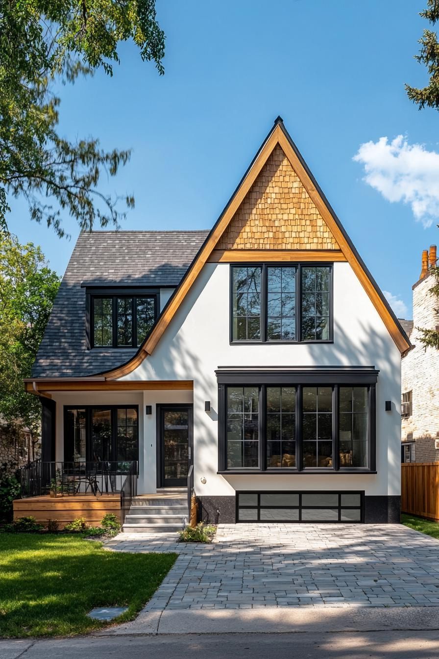 Modern Tudor style home with pointed roof and large windows