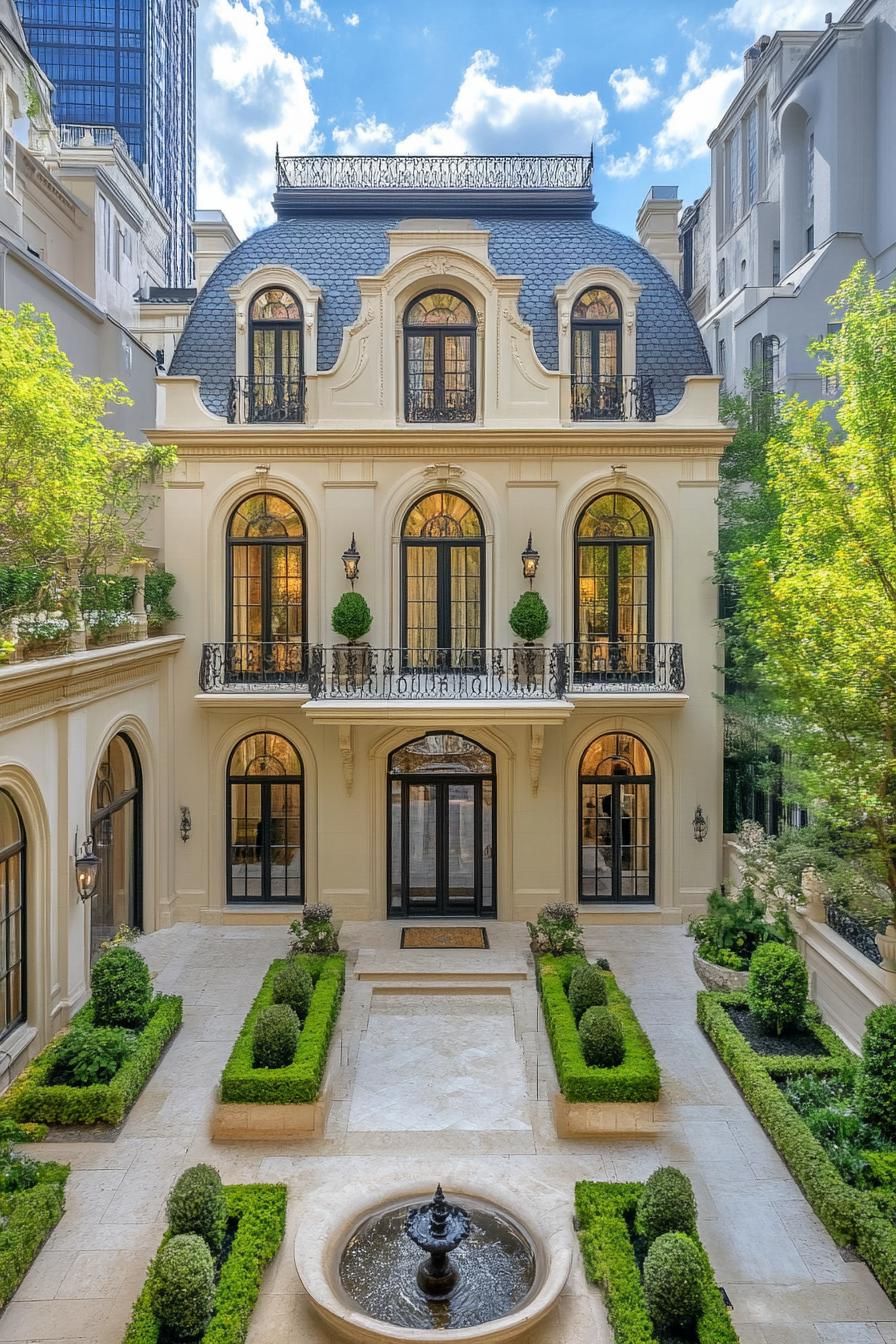 Sophisticated urban mansion with manicured garden courtyard