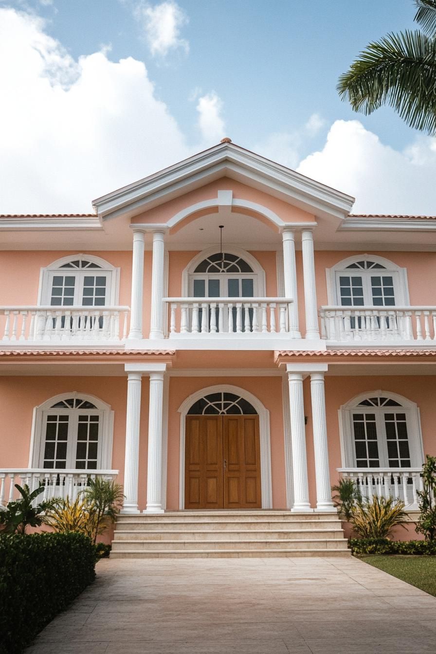 Peach-colored colonial house with white columns