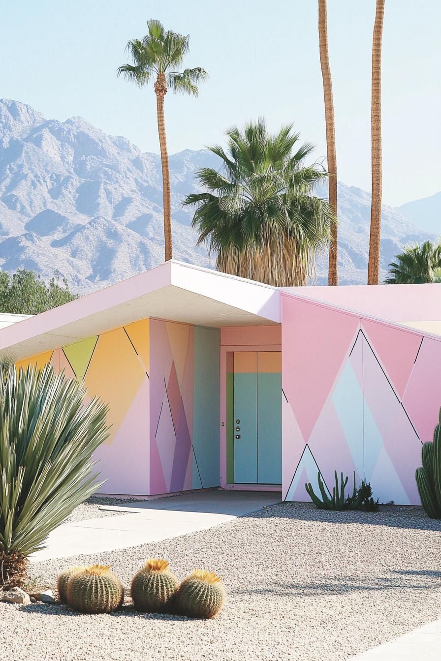 Colorful mid-century modern house with palm trees and desert landscape