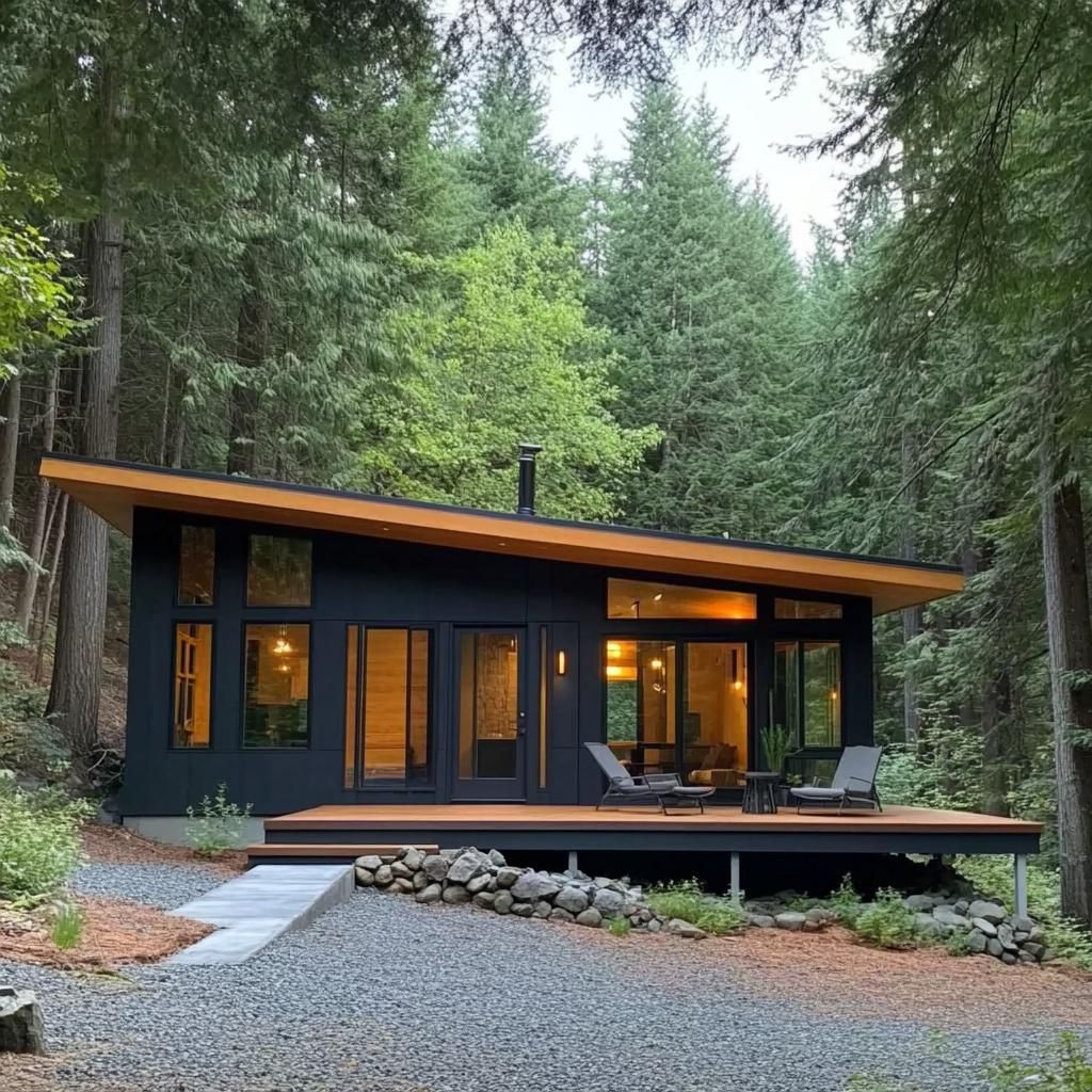 Modern cabin nestled in forest with large windows and sloped roof