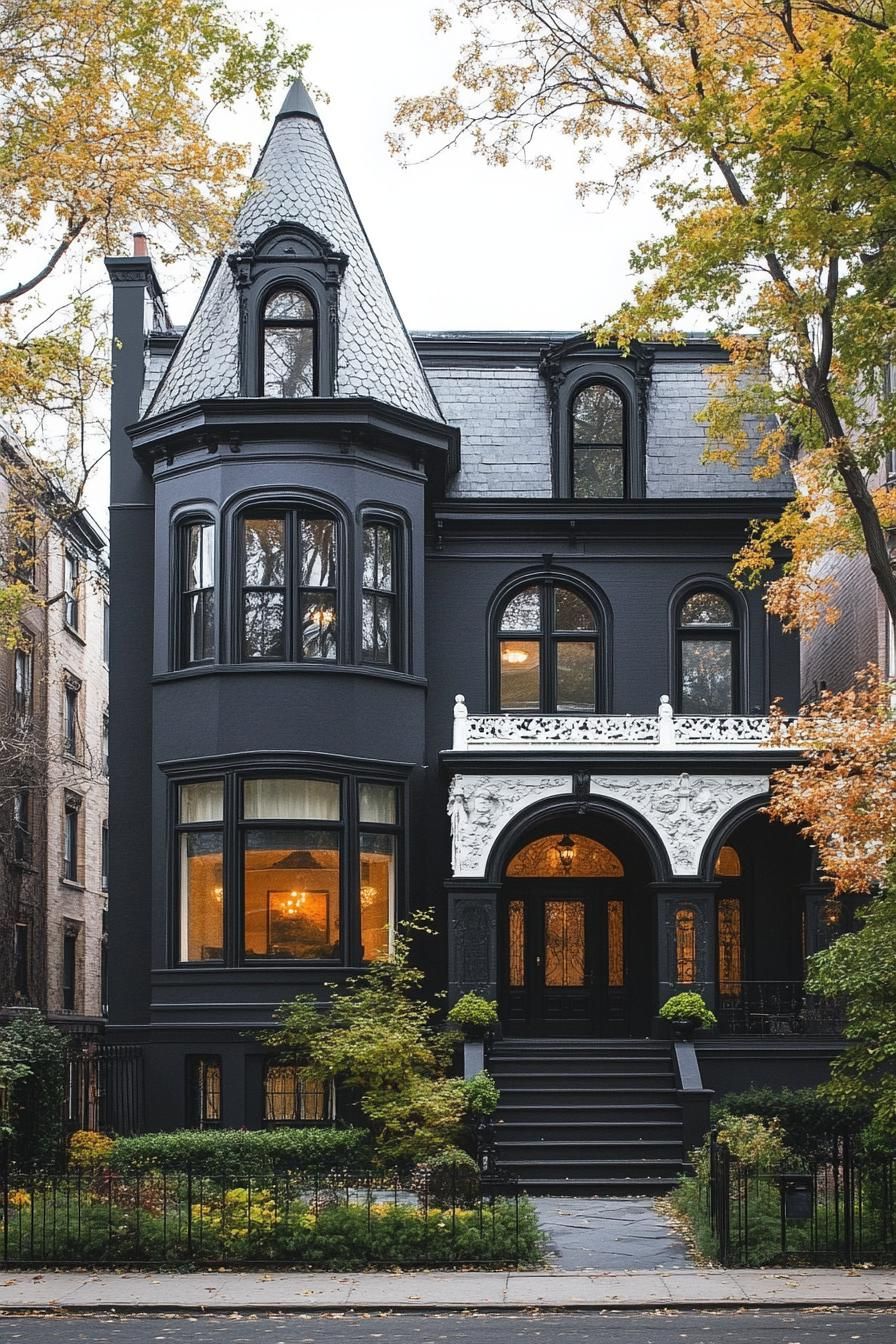 Victorian mansion with dark facade with white ornate embellishments arched wndows black roof with turrets 3