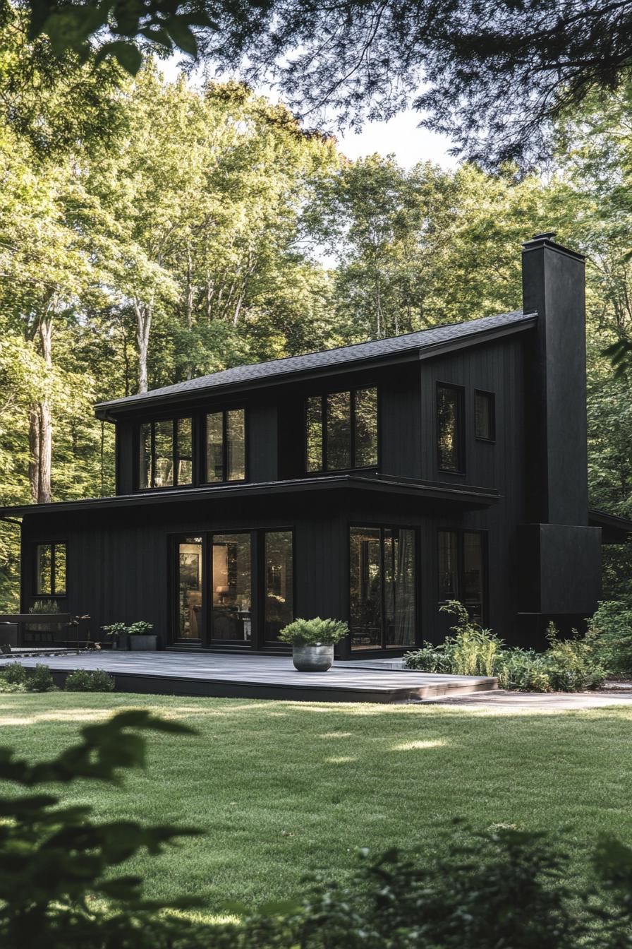 Black house surrounded by lush green trees and lawn