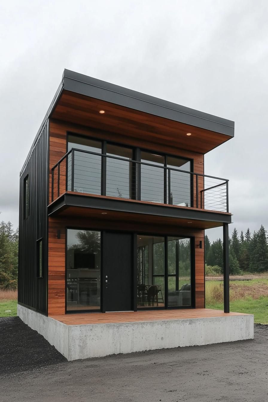 Modern two-story shed house with wooden and metallic elements