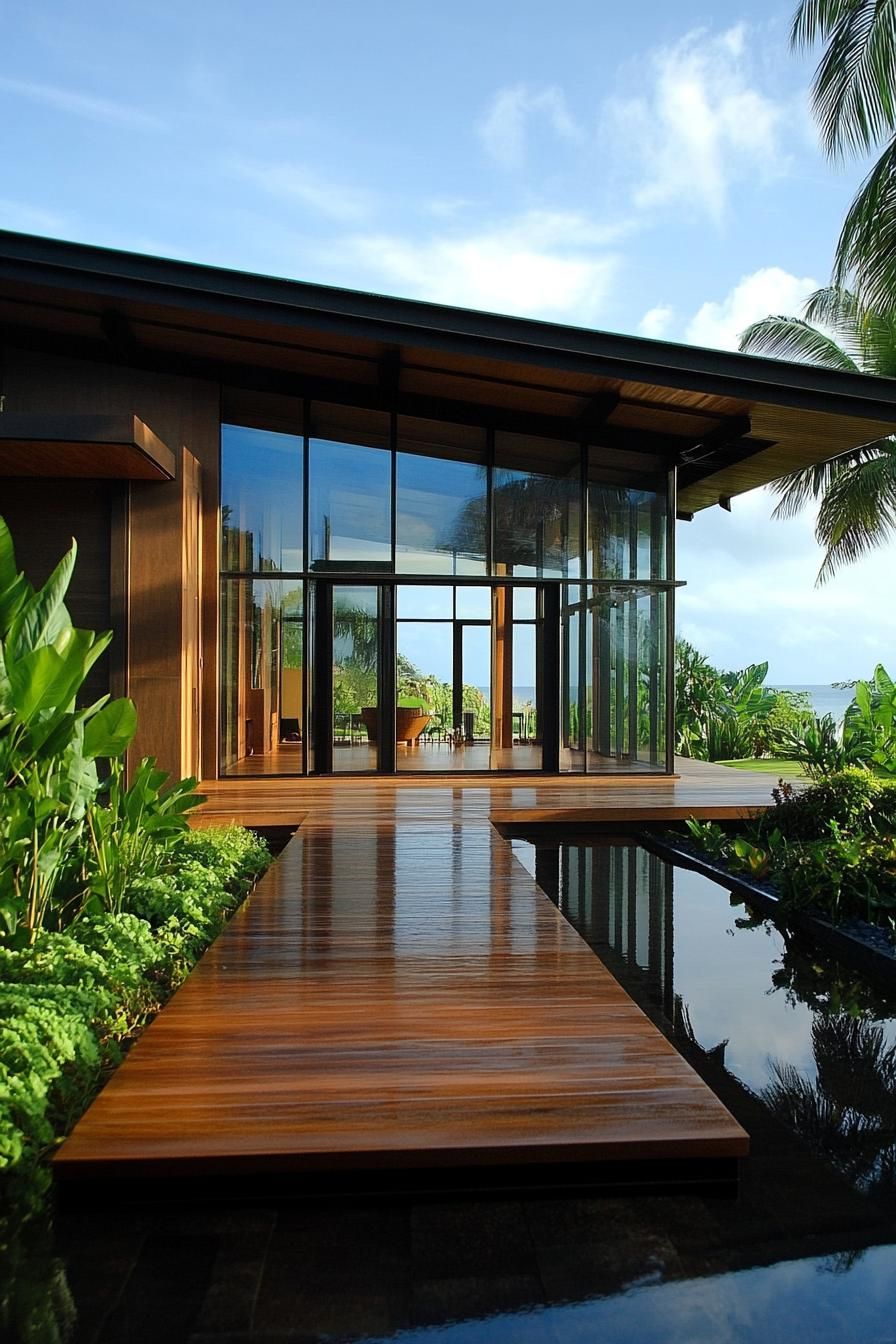 Modern villa with glass walls and wooden deck surrounded by lush greenery