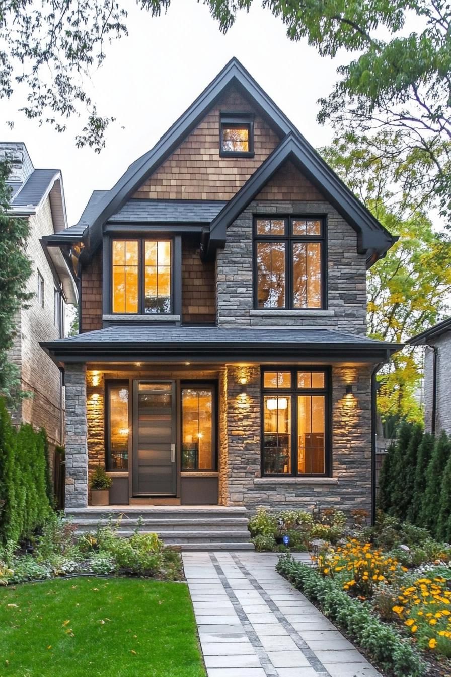 Stone house with large glowing windows