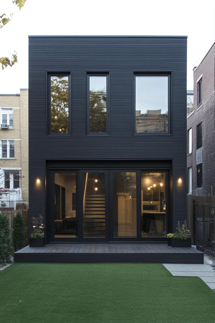 Modern two-story facade with sleek black cladding