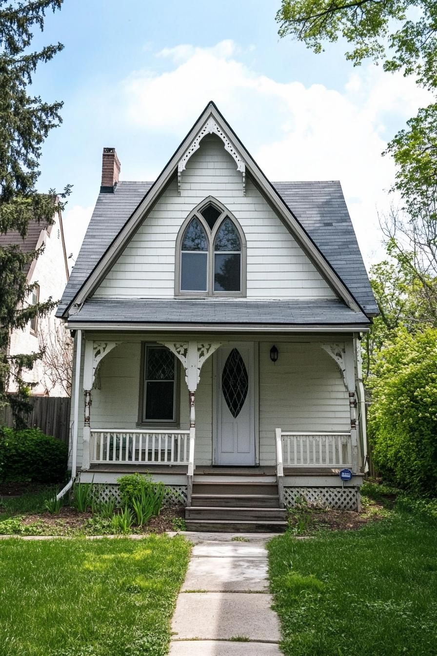 Small Gothic-style house with detailed trim and a charming porch