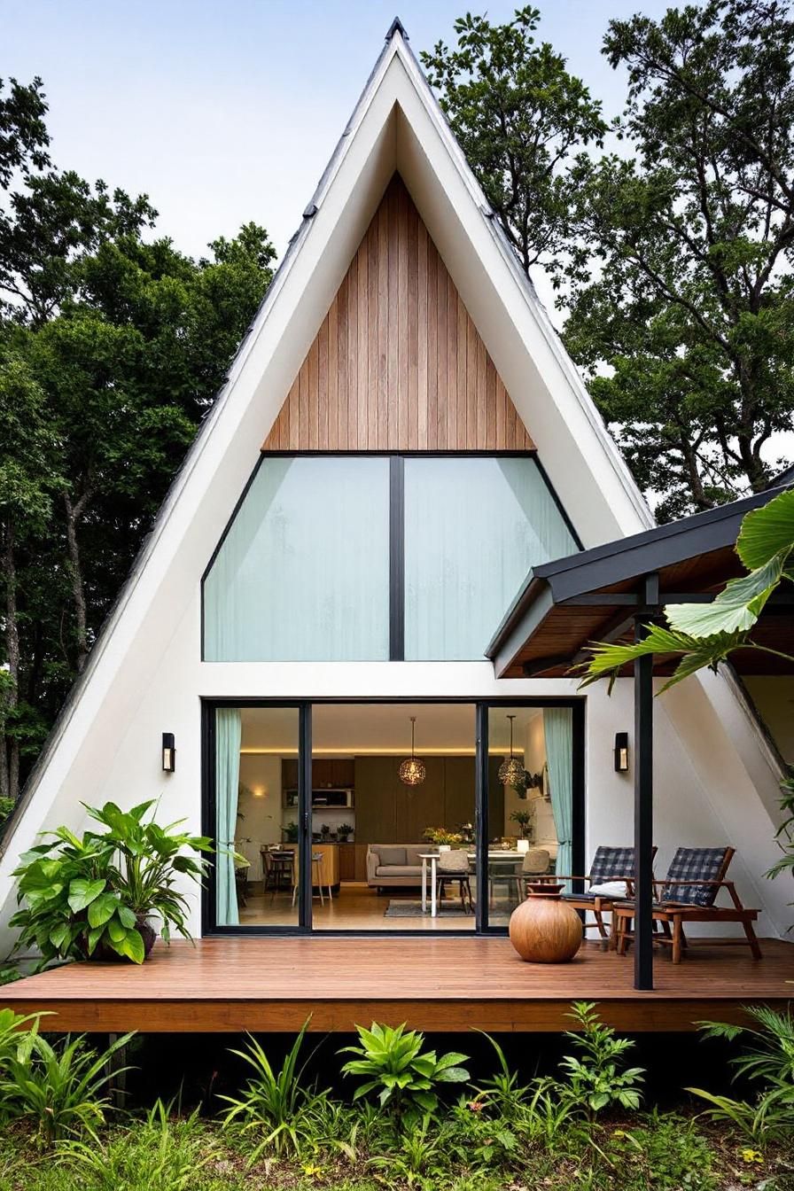 Tropical A-frame house with large windows and deck