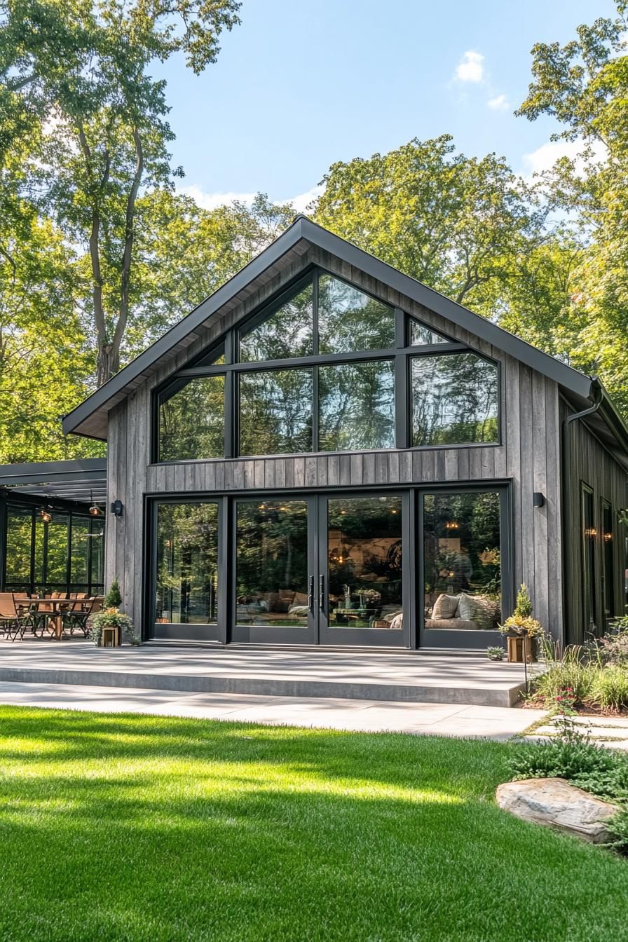 Modern barn house with deck and large windows