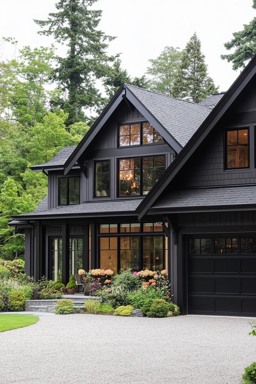 large modern farmhouse with dark wood siding black trim black multi pitched roof large windows with black trim black garage doors patio with beam 1