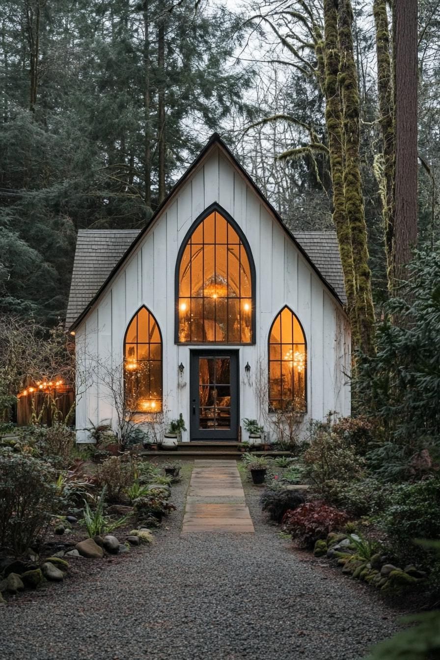 Cozy cottage with arched windows in a forest setting