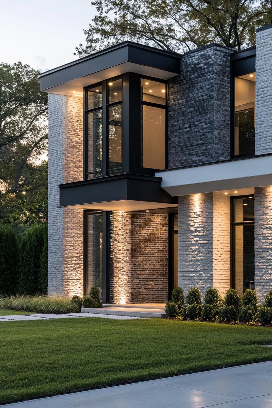 modern villa design with slate brick siding and white and black trim full wall modern windows LED trim lighting landscaping with concrete lawn 2