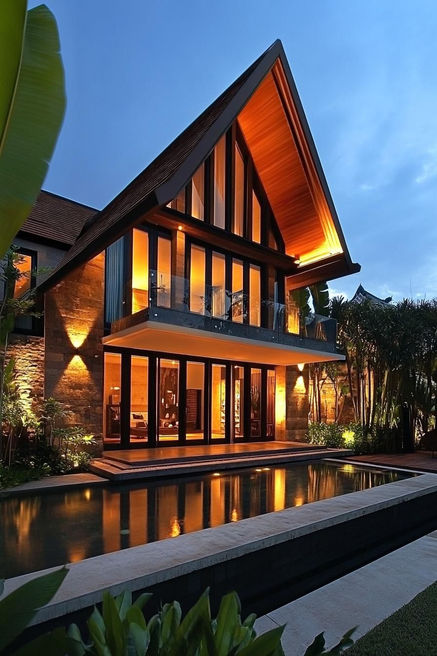 A-Frame house with warm lights and a pool