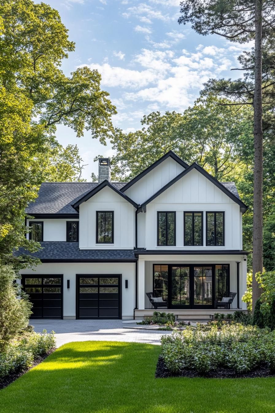 White house with bold black trim in a wooded setting