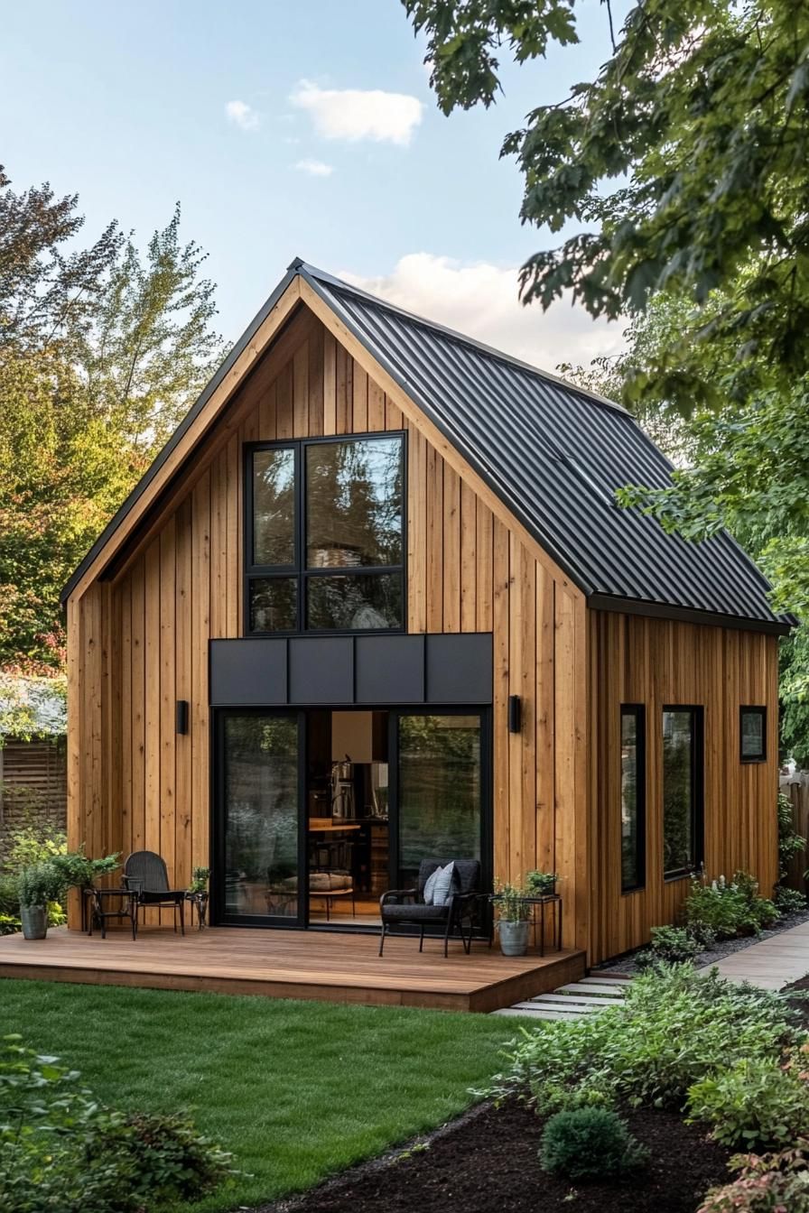 Wooden two-story shed house with large windows and patio