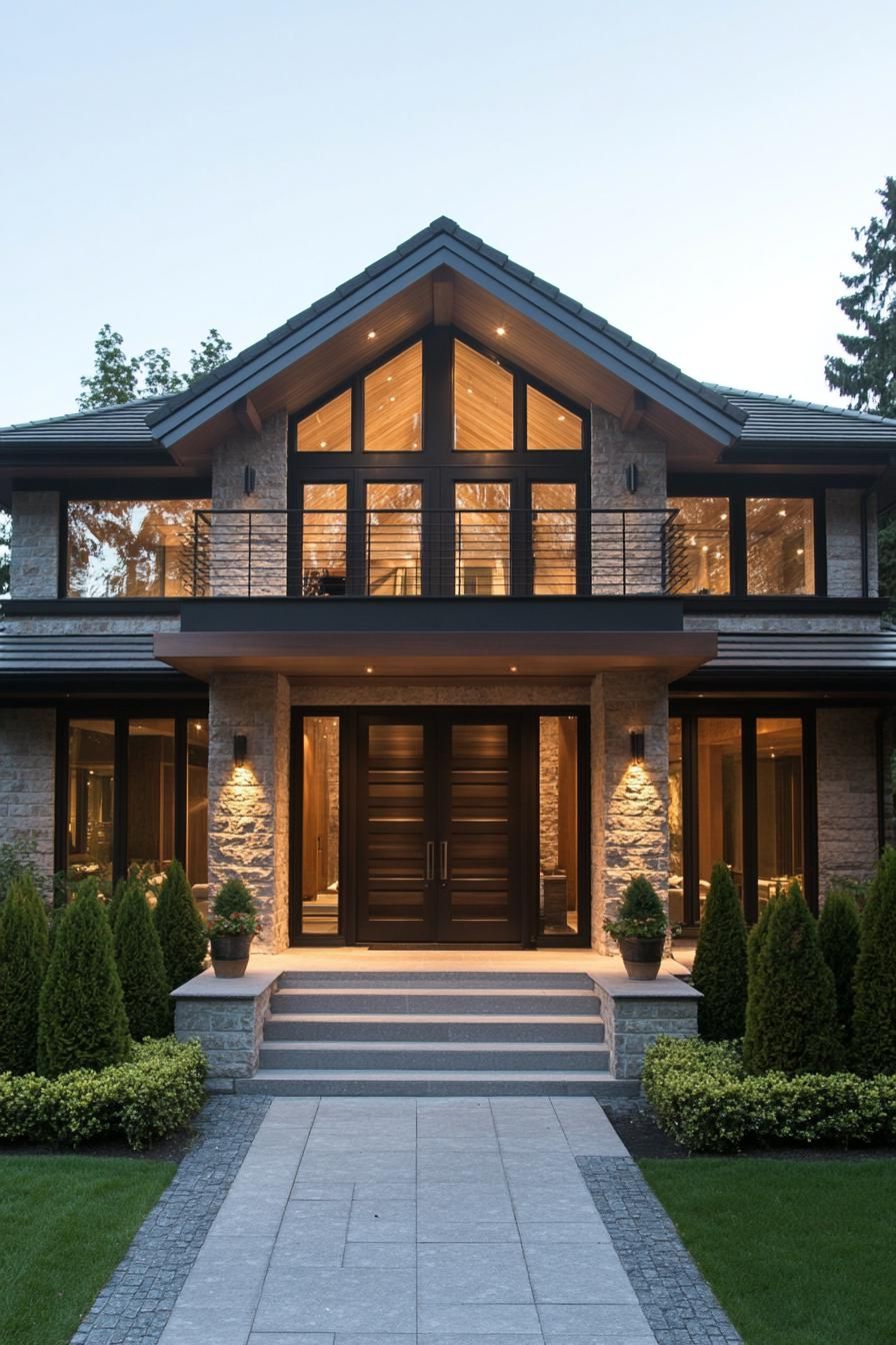 Modern house with wood and stone facade, evening lights glowing