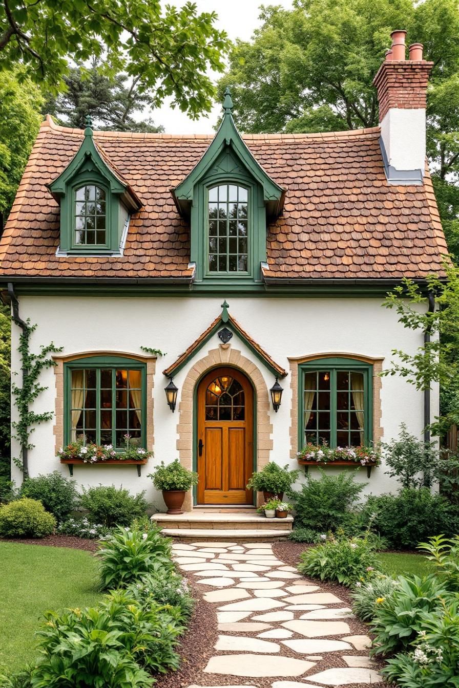 Charming country cottage with stone path and lush garden