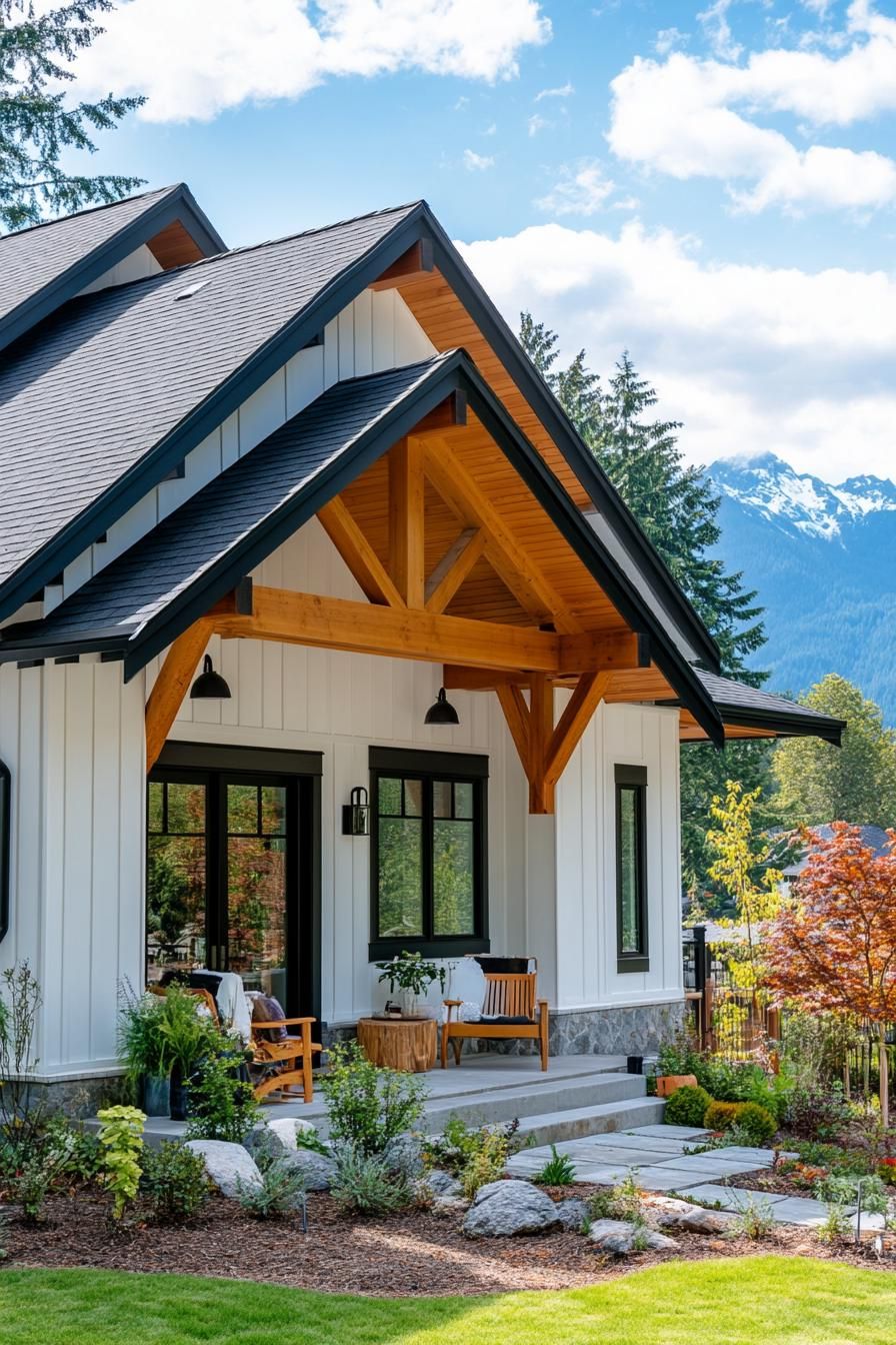 Charming cabin with wooden beams and mountain backdrop