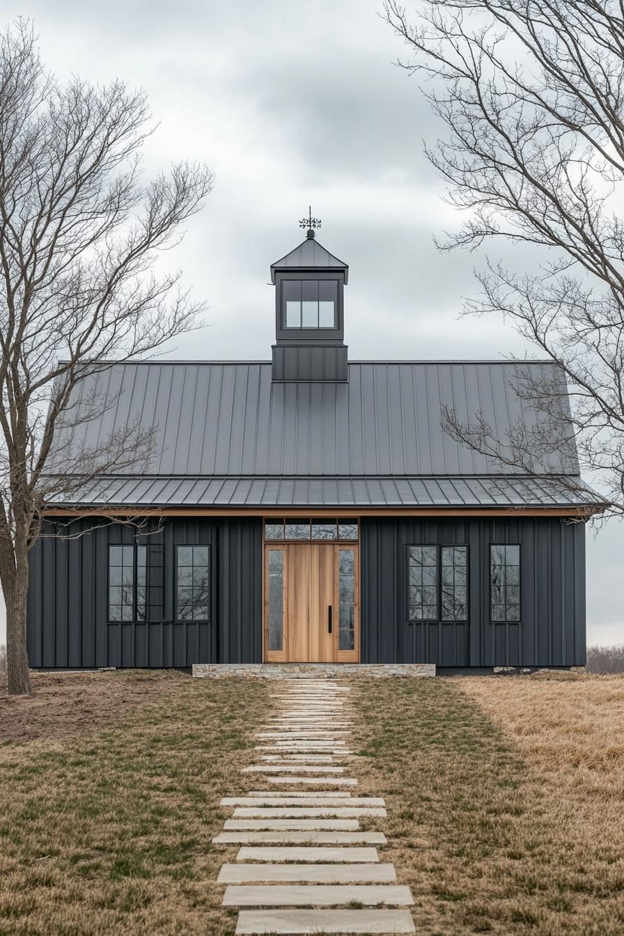 Quaint black barndominium with a wooden door and cupola