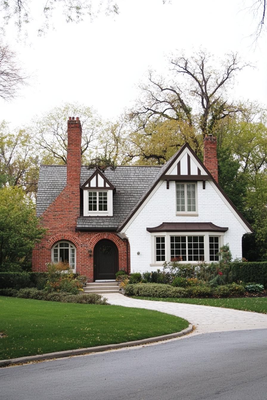 modern european cottage house with white brick siding red brick accents stone grey shingle roof with multi pitched gables brick chimney white trim