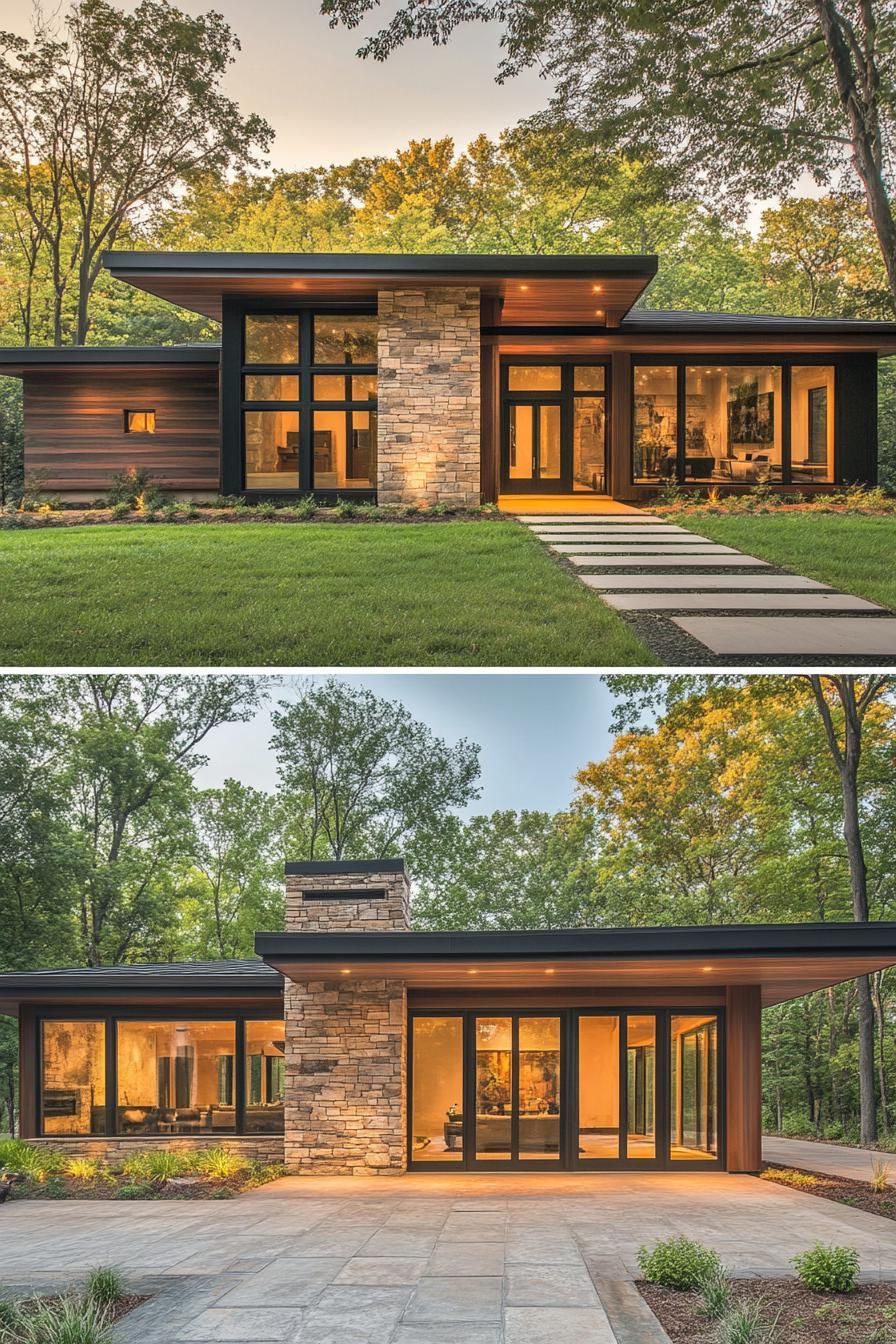 Sleek and modern ranch house with large stone chimney and expansive windows