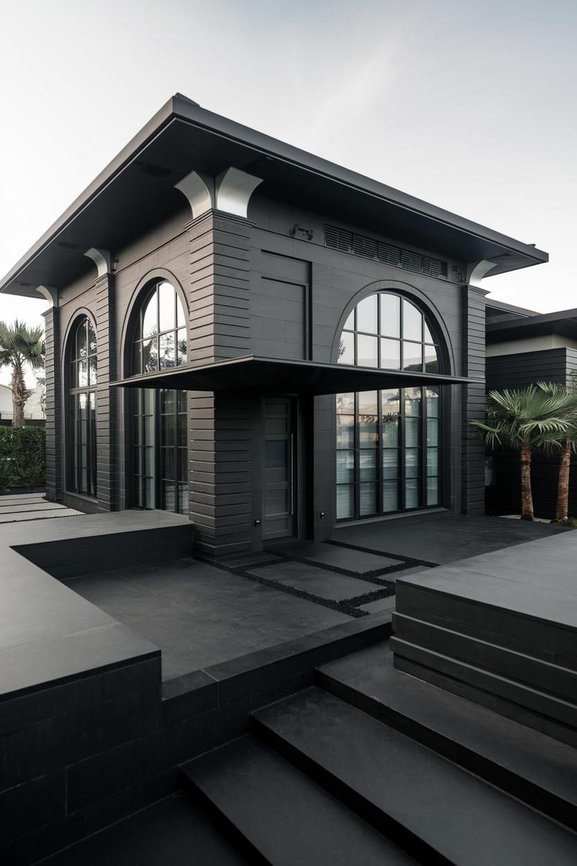 Striking black contemporary house with large arched windows