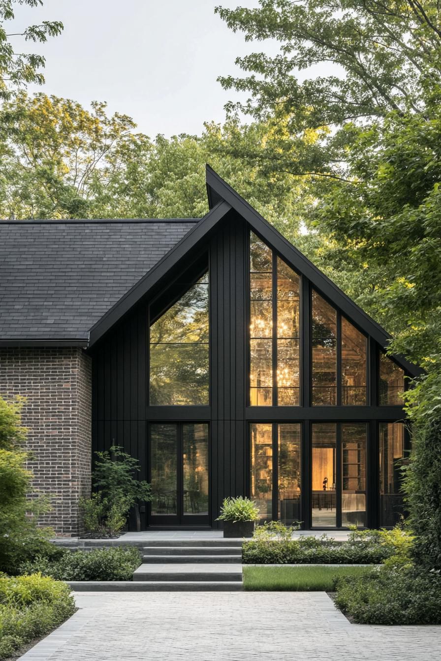 Large modern black house with tall windows among trees