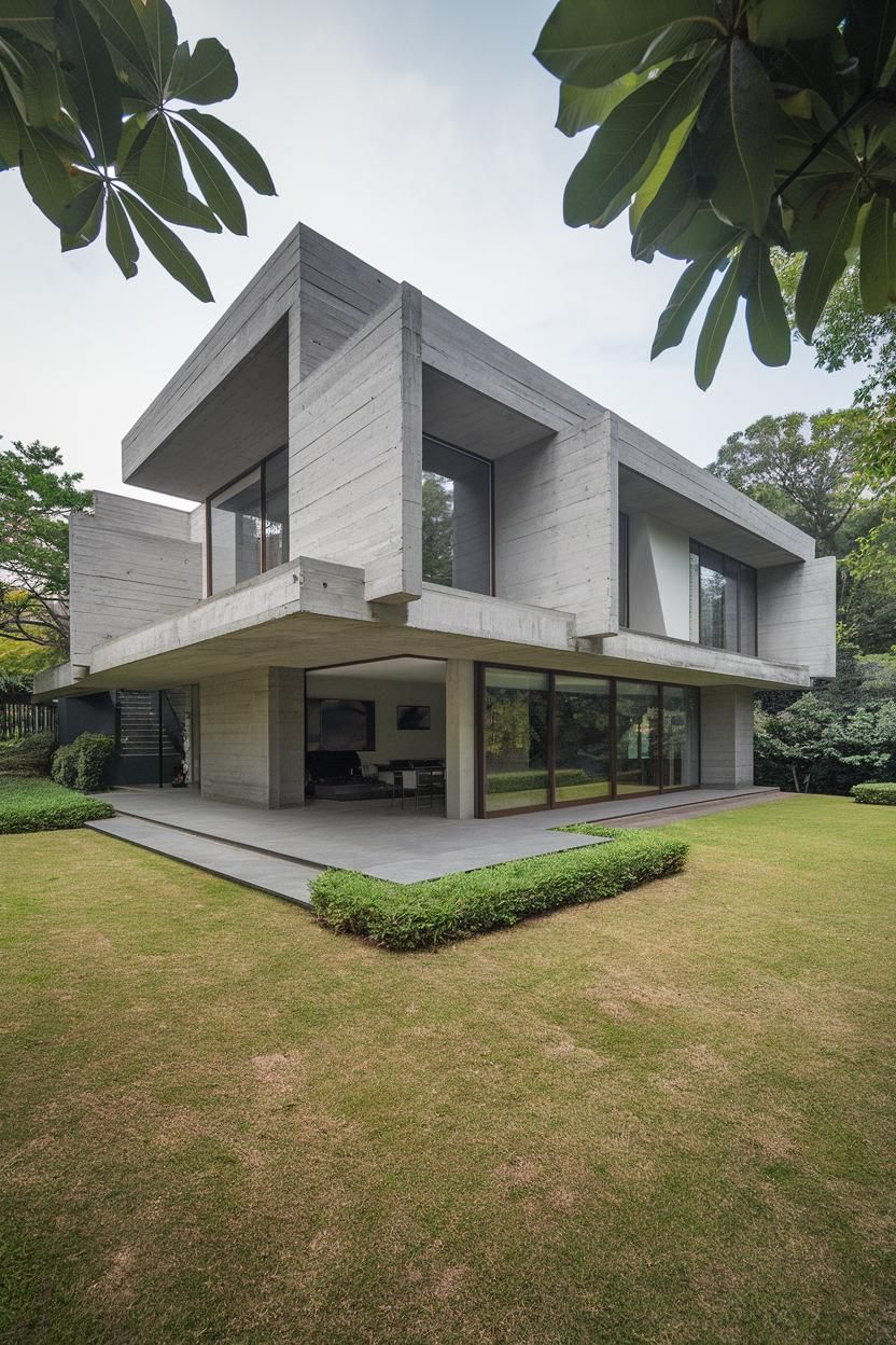 Modern concrete house surrounded by greenery