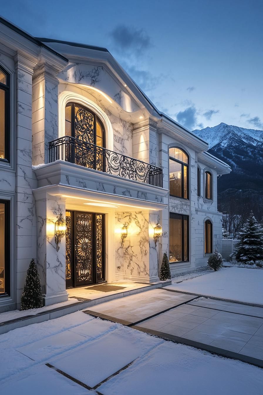 Elegant luxury house exterior with snowy courtyard