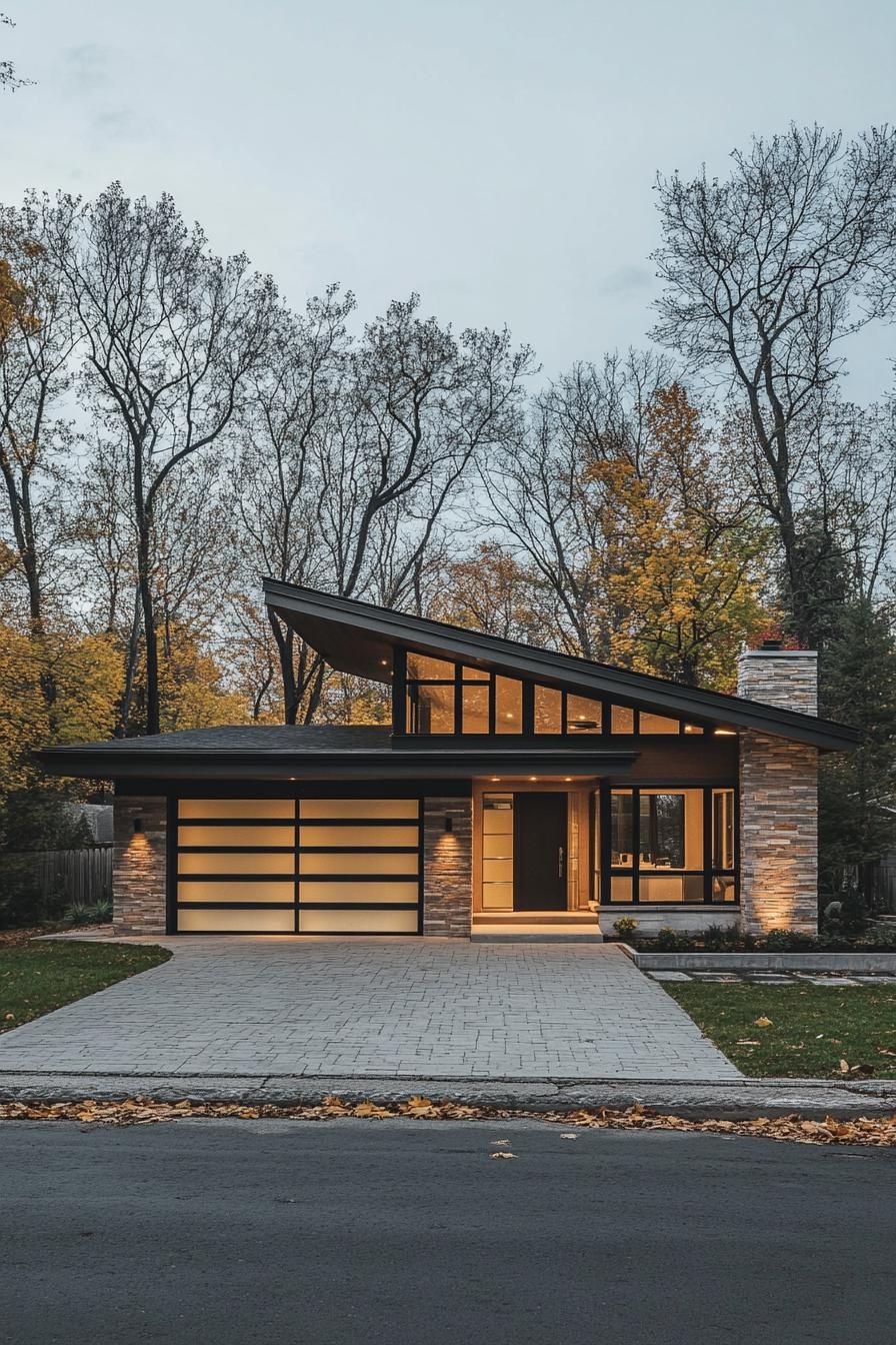 Modern house with a skillion roof in a wooded setting