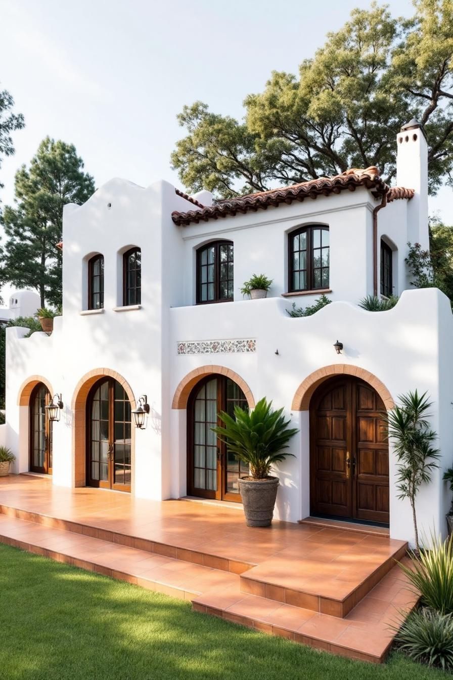 White stucco house with arched wooden doors and terracotta roof