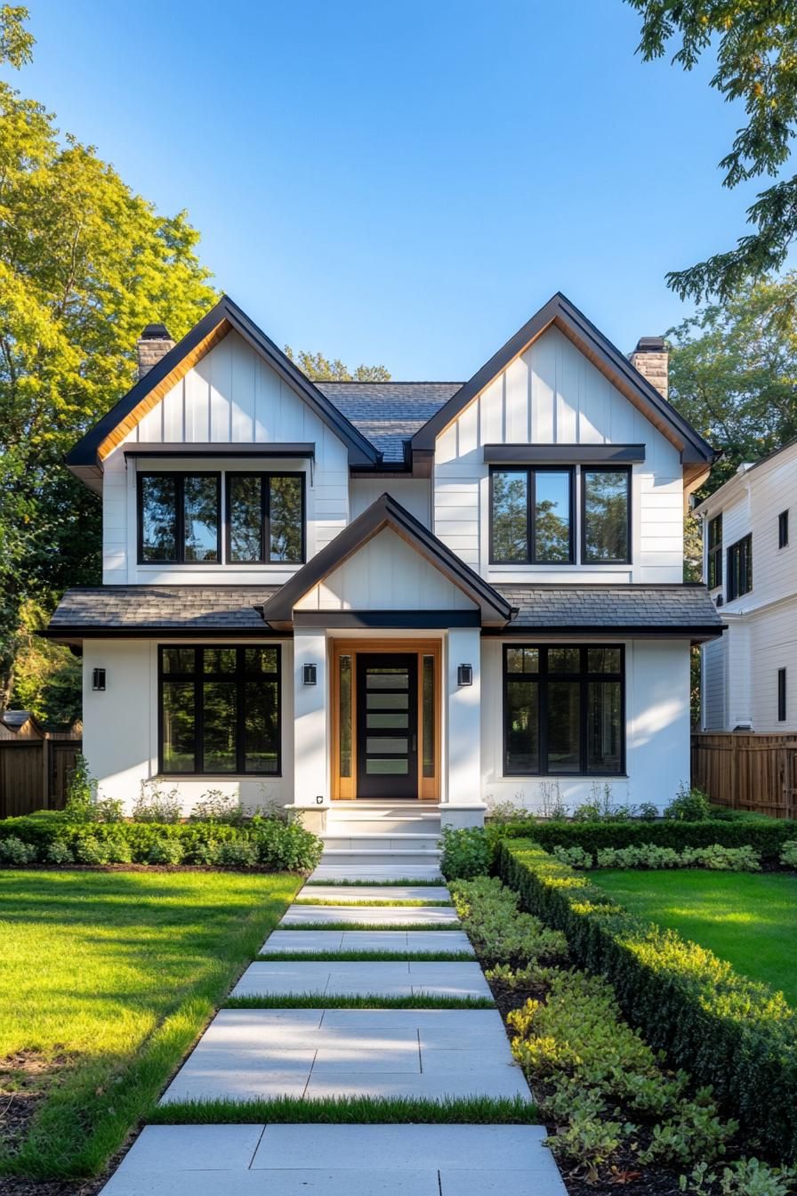 Modern white house with a wooden door and tidy garden path