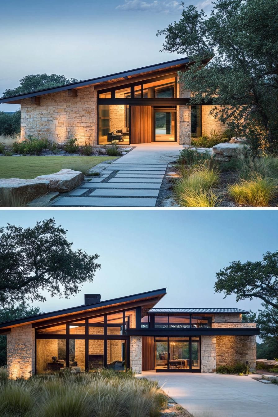 Contemporary ranch house with stone accents and large windows