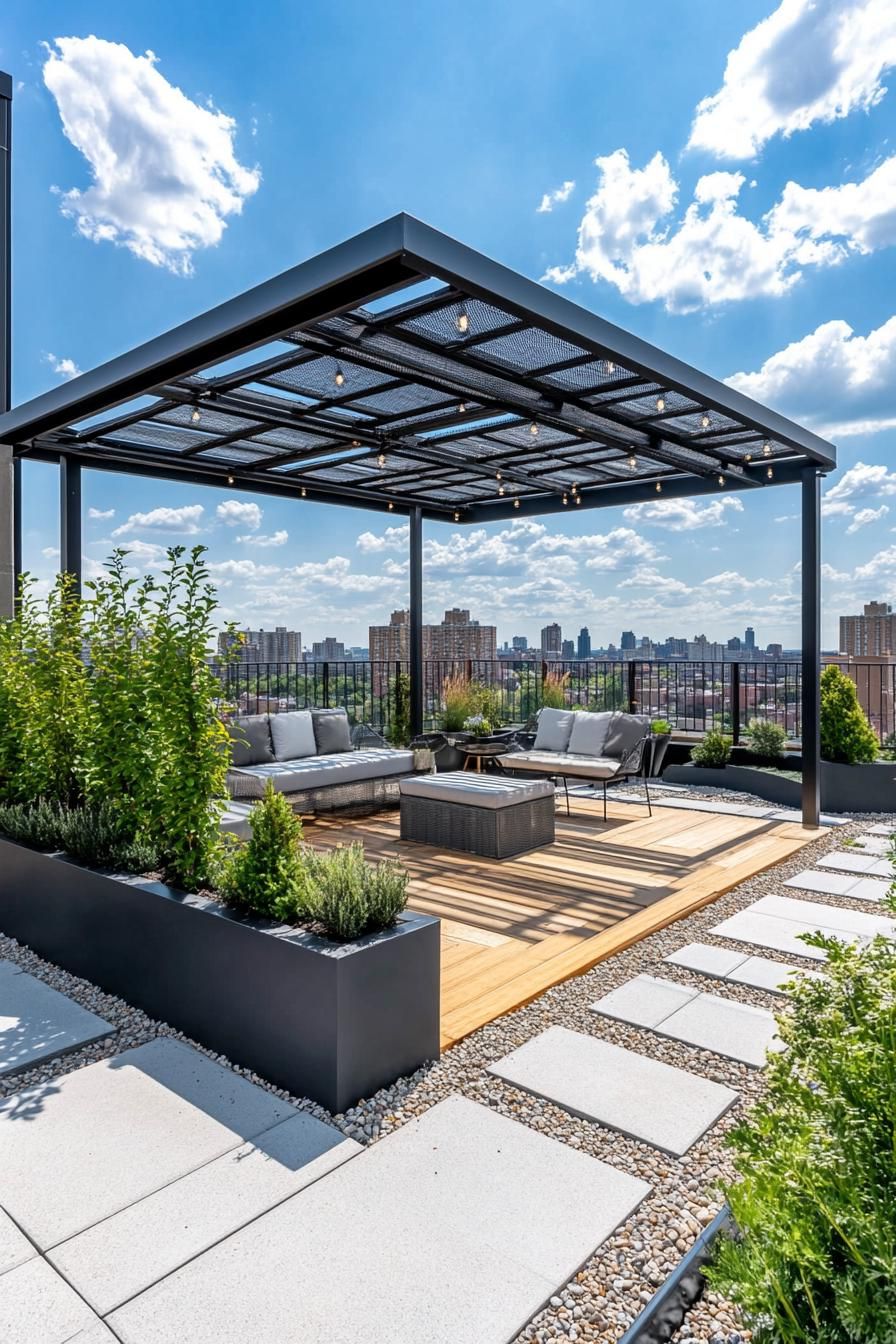 modern rooftop terrace with modular furniture gravel and wooden with concrete paver path planters with geometric shrubs and small trees metal