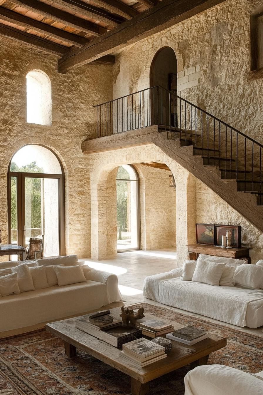 interior of italian villa stone walls arched windows arches stairs wooden beam high ceiling creamy bulky sectional furniture rustic coffee